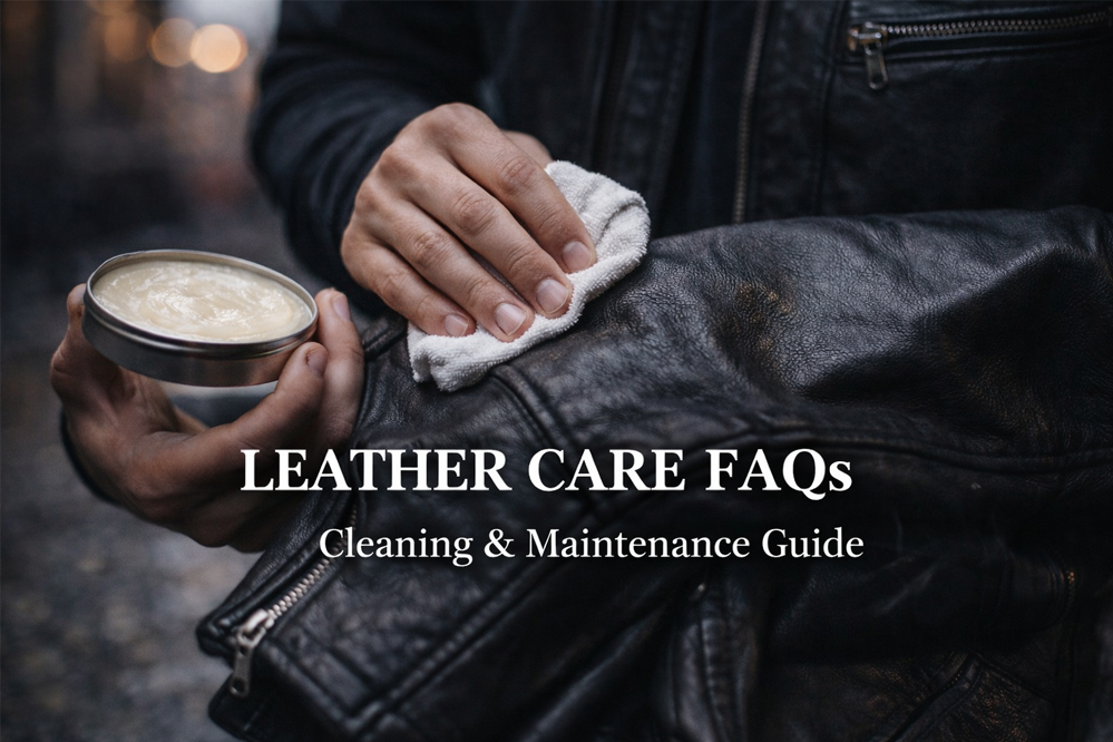 Leather care FAQs guide showing leather jacket cleaning and conditioning process