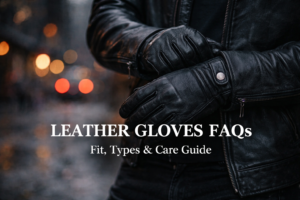 Leather gloves FAQs guide showing black leather gloves for fit, warmth, and buying advice