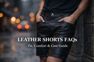 Leather shorts FAQs guide showing black leather shorts for fit, comfort, and buying advice