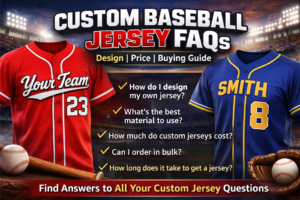 Custom baseball jersey FAQs banner with personalized team jerseys and design price buying guide