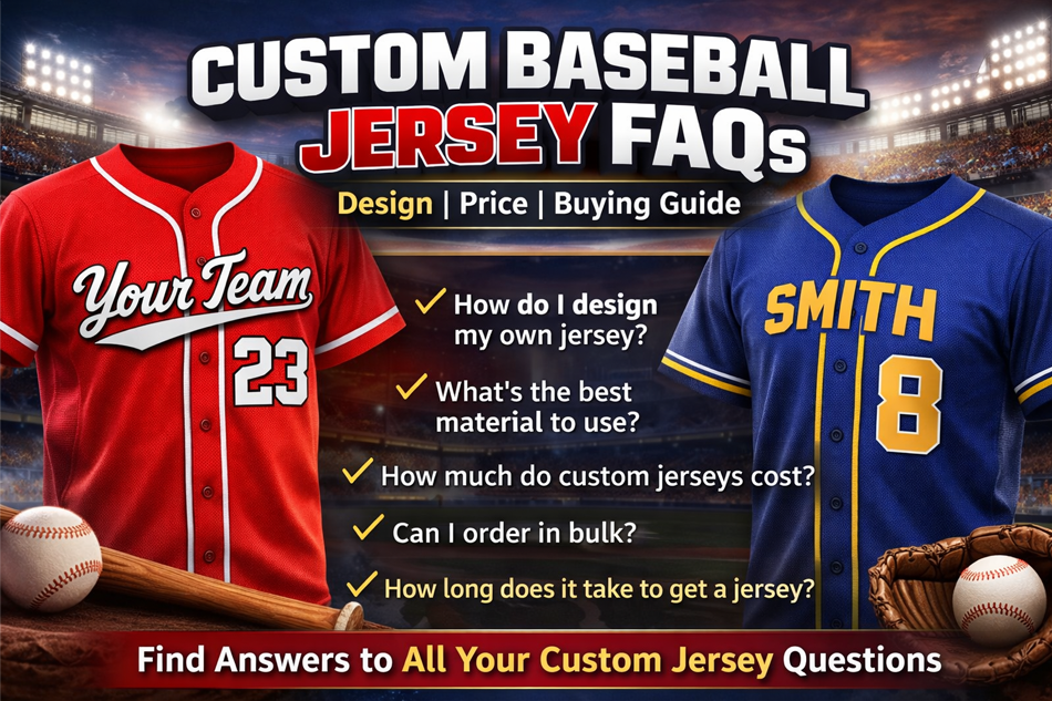 Custom baseball jersey FAQs banner with personalized team jerseys and design price buying guide