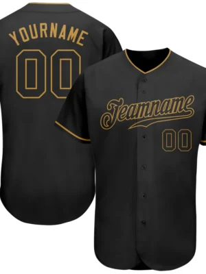 custom black baseball jersey with gold trim front and back