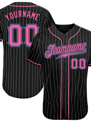 pink pinstripe custom men baseball jersey front and back with personalized name and number