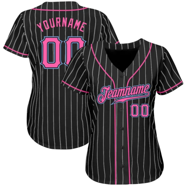 pink pinstripe custom women baseball jersey front and back with personalized name and number