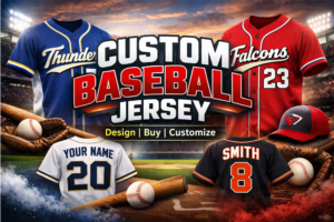 Custom baseball jersey design with personalized name number and team logo in stadium background